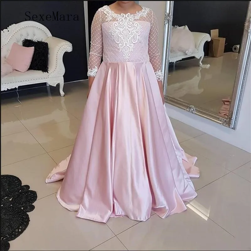 2019 пышные платья для девочек с розовым сатиновым и белые кружевные аппликации