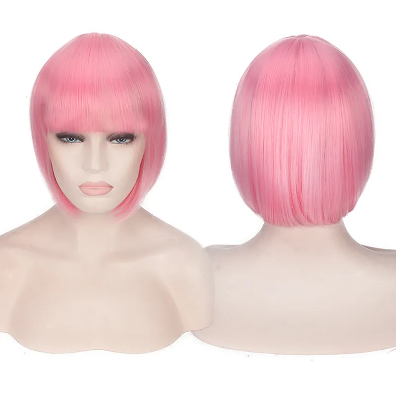 Pink Yiyaobess синтетический короткий прямой желтый розовый зеленый синий белый красный блондин серый коричневый черный боб парик с челкой косплей женский - Цвет: Pink