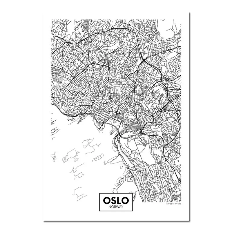 Oslo Черный, белый, Роттердам, Лондон, Нью-Йорк, столица, город, карта, холст, плакат, настенное искусство, печать, живопись, скандинавские декоративные картины, Декор - Цвет: Oslo