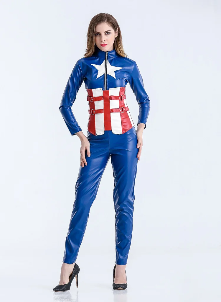 

Sexy Adult Haloween Costumes Blue Female American Captain Avenger Union Cosplay Warrior Set Roupas Feminina Leather 3 PCS WL126