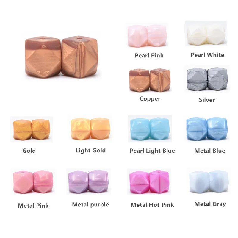 10 PCS Metallic Hexagon 17 MM Silicone Beads Baby Teething Toys DIY Pacifier Chain Pendant Accessories Teethers|Детские