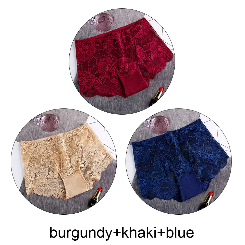 burgundy khaki blue 3 шт., женские трусы, партия, сексуальные кружевные трусы с высокой талией, прозрачное дышащее нижнее белье, бесшовное белье, Cullote Femme L-XXL - Цвет: burgundy khaki blue