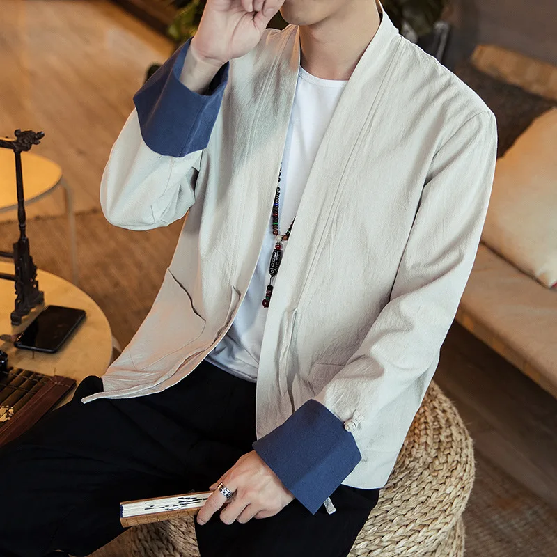 Chinese Style New Coat Large Size Men Kimono Patch Pocket Jacket Coarse Cloth Hanfu Linen Thin Male Plus M-5XL | Мужская одежда