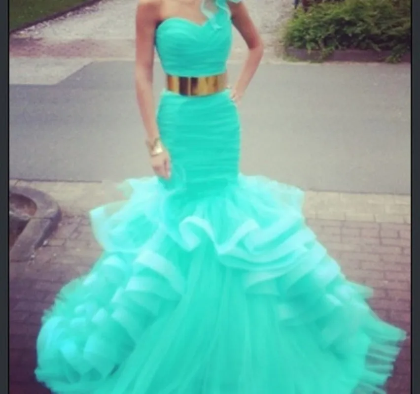 

Fishtail Sweetheart Tulle Vestido De Festa One Shoulder Ruffles Pleat Evening Dress Sleeveless Sash Mermaid Activity Dress