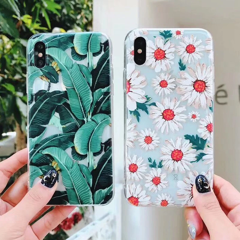 WOTP Summer Banana Leaf Daisy Flowers Soft TPU Phone Case For iphone X 6 6S 7 8 Plus Cute Cartoon cape jasmine flower Back Cover |