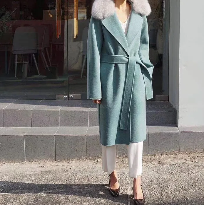 Russian Style KOREAN AND JAPANESS elegant style 100/100 real lamb wool trench coats with natural fox fur collar