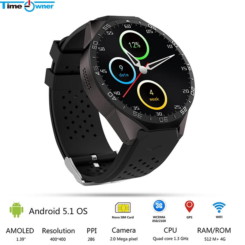 KW88 Android 5 1 Смарт часы телефон 39 дюймов MTK6580 SmartWatch Поддержка 3G WiFi nano SIM WCDMA