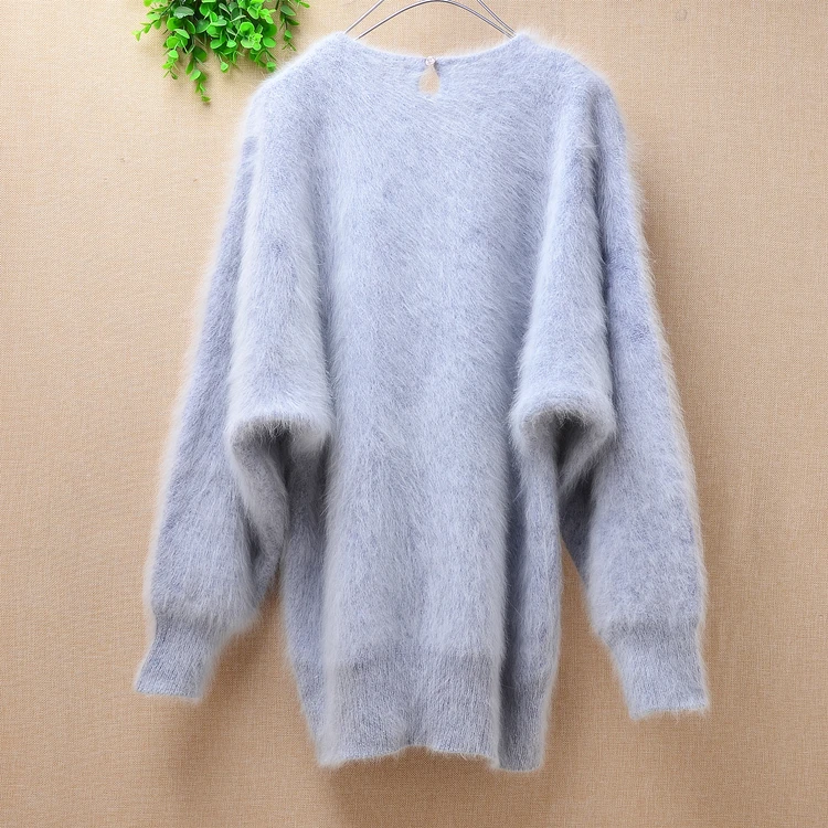 

Top quality women winter plush vintage beading angora rabbit fur knitting wool loose o-neck long batwing sleeve pullover sweater