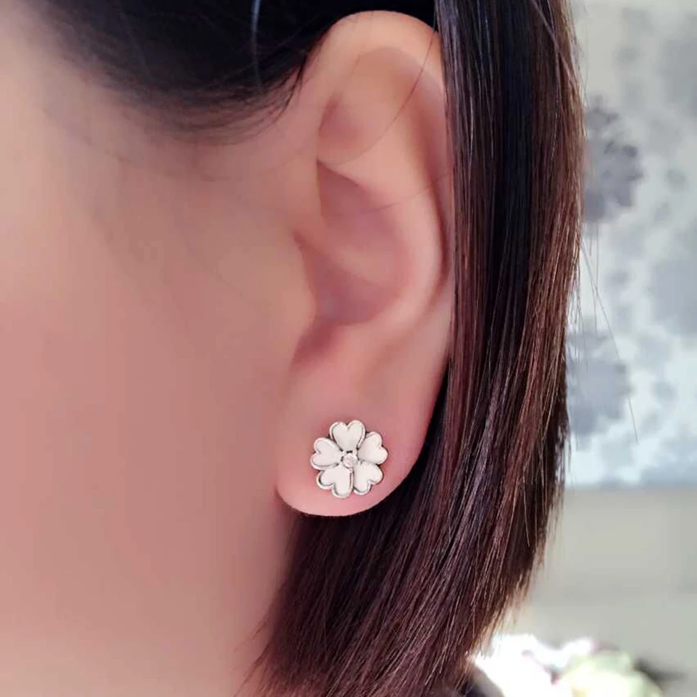 

Cuteeco Hot Sale Silver Color Cherry Blossoms Pan Stud Earring White Enamel With Clear CZ Compatible With Jewelry For Women