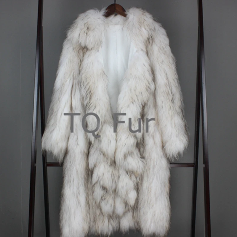 Winter Women Overcoat Knit Raccoon Fur X-Long Coat With Falbala Collar Full Sleeves Outerwear Natural