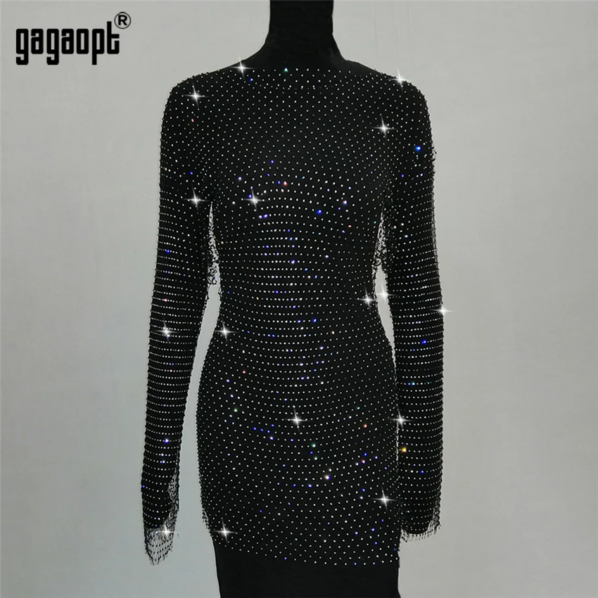 Gagaopt Bling Стразы Белый Черный Сетчатое Открытое платье сексуальное без ажурное