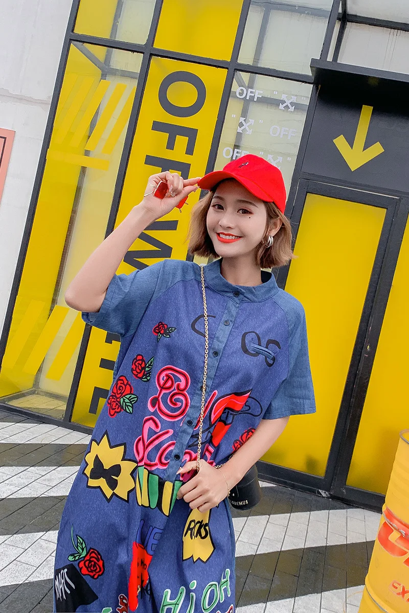 Vefadisa Women Personality Print Denim Jumpsuits Summer Short Sleeve Full Length Casual ZQY191A | Женская одежда