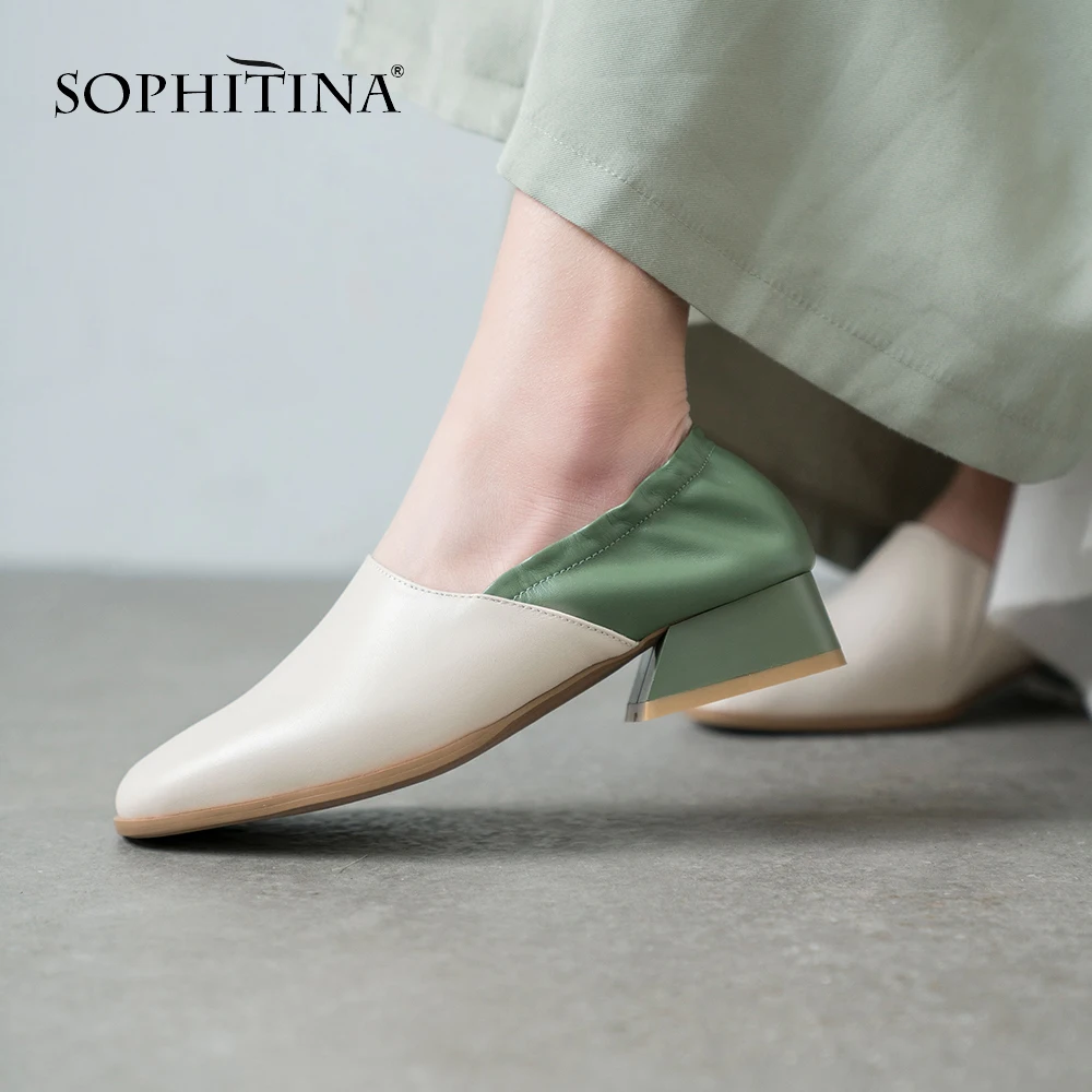 SOPHITINA/женские модельные туфли лодочки на среднем квадратном каблуке из коровьей