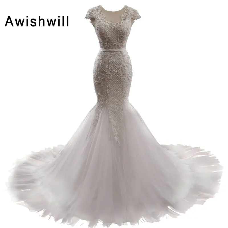 

Real Photo Gorgeous Beaded Mermaid Wedding Dresses 2020 Vestido De Noiva Sereia Lace-up Back With Sleeves Bridal Dress Gown