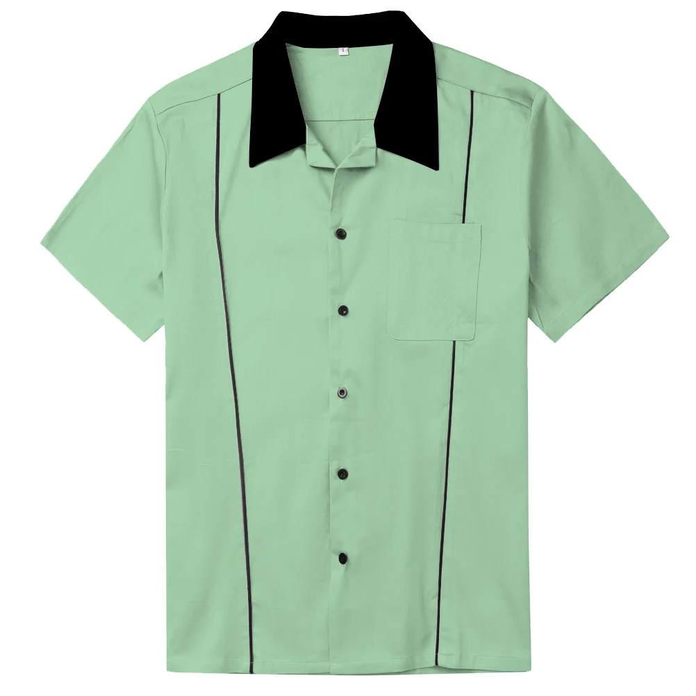 

Мужская мятно-зеленая рубашка, повседневная винтажная хлопковая классическая одежда с коротким рукавом и черным кантом