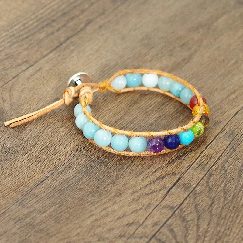 Натуральный камень амазонитовые бусины кожаная пленка 7 браслетов чакр женские