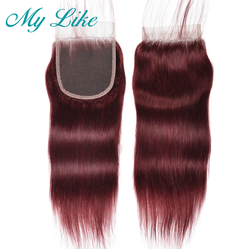 My Like Brazilian Straight Hair Closure 99j Red Burgundy Non-remy Human Hair Top Lace Closure with Baby Hair 4x4 Bleached Knots