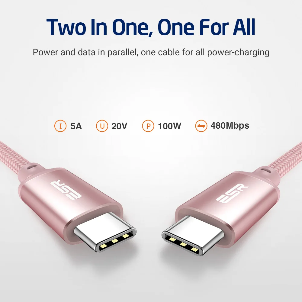 Кабель USB 2,0 от USB-C до USB-C, ESR Синхронизация данных Быстрая зарядка 2 м тип-c к тип-c кабель для MacBook, для Samsung S8, для LG G6 V20 G5
