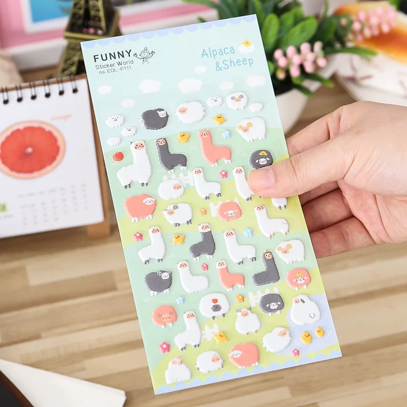 1 шт. корейский стиль Kawaii 3D мультфильм овечка Альпака ПВХ дневник Пузырьковые наклейки декоративные для тетрадь, альбомы бумага для карт