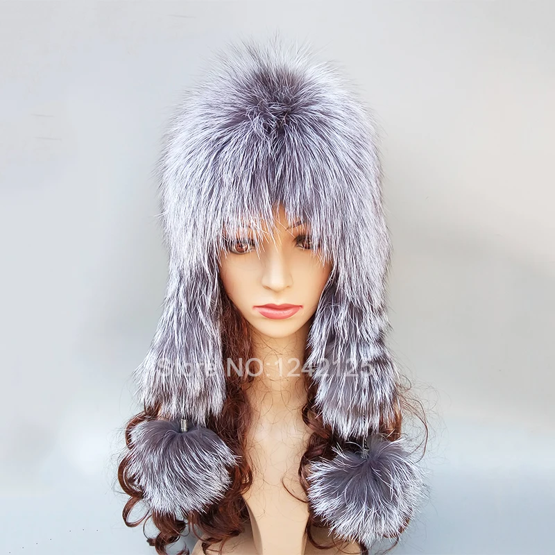 New Winter Russia Women girl Female real silver fox fur hat pompom warm outdoor genuine ear Earmuff hats caps | Детская одежда и