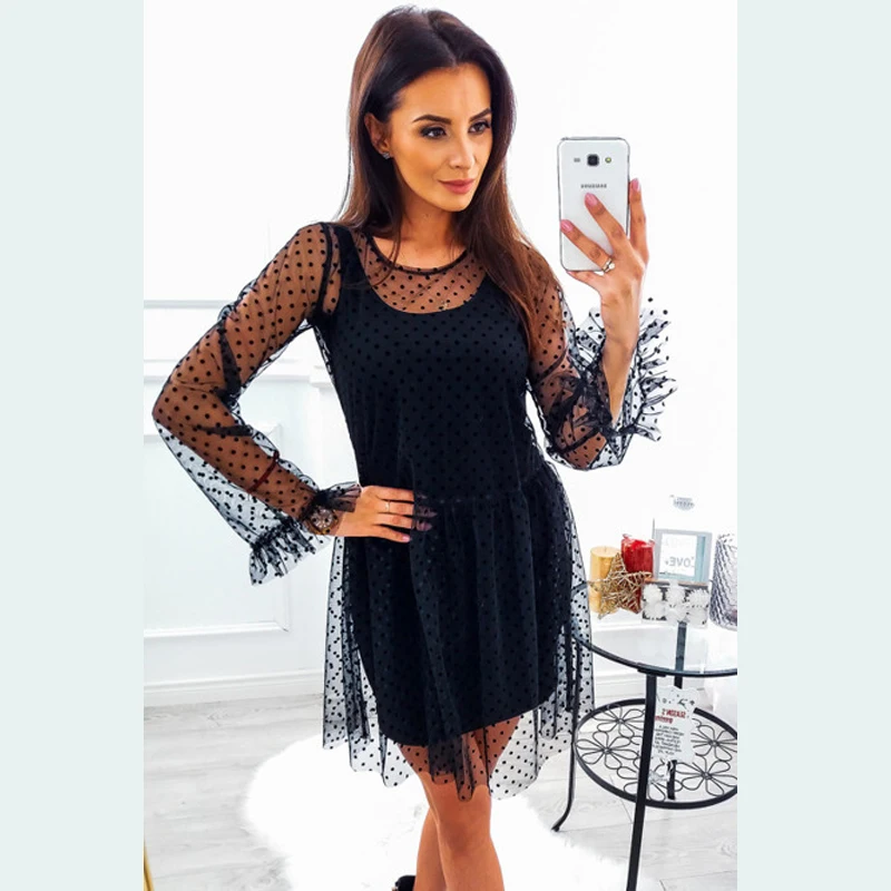 2019 Women Summer Sexy Hot Fashion Dress Mesh Dot Two- Piece Solid Elegant Long Sleeve Mini Party Vintage Female Vestidos | Женская