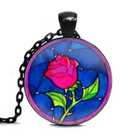 steampunk beauty and the beast rose necklace movie jewelry glass dome pendant necklace girlfriends gift men women chain lover