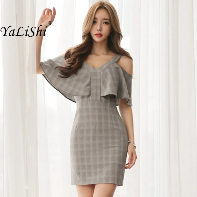 Женское платье в клетку с открытыми плечами и рукавом бабочкой|sexy party dress|women