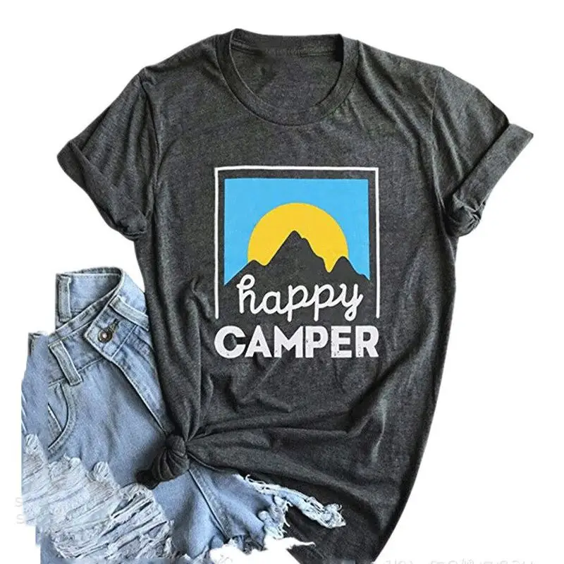 Для женщин короткий рукав с круглым вырезом Happy Camper, с принтом в виде букв футболка восход солнца Графические футболки, рубашка, топы для летних каникул футболки Топ - Цвет: Темно-серый