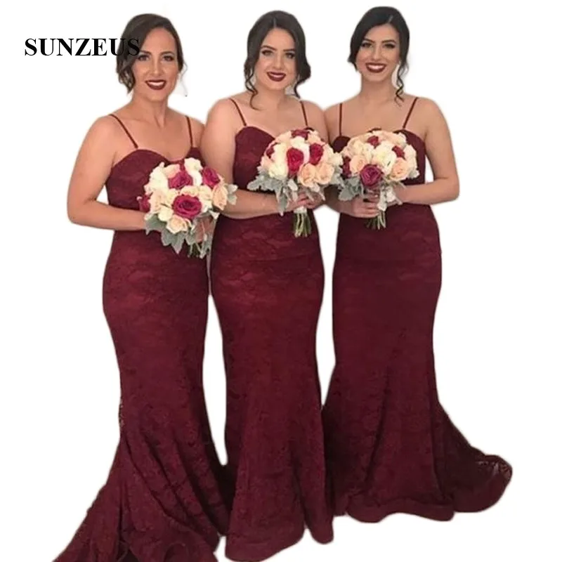 

Spaghetti Straps Mermaid Wedding Guest Dresses Sweetheart Burgundy Lace Bridesmaid Dresses Simple vestido longo SBD107