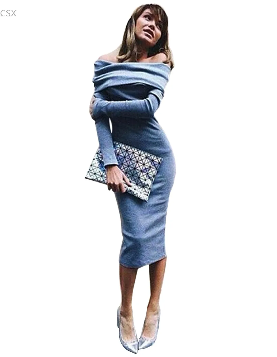 Женское зимнее платье с открытыми плечами привлекательное трикотажное макси до