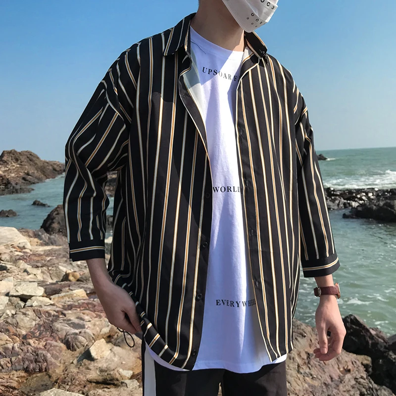 Mens three quarter sleeve black white striped shirt men streetwear regular fit casual Korean fashion dress xxxl 2019 summer CS45 | Мужская
