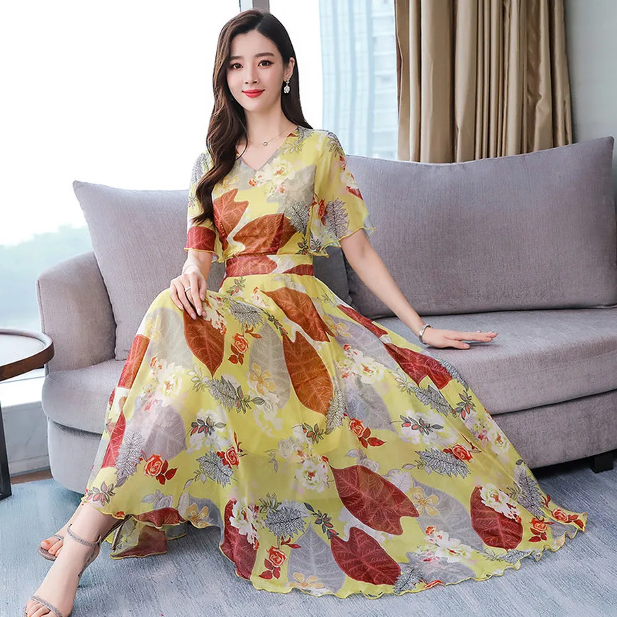 Летний Новый шифоновый Макси сарафан Boho с цветочным принтом 2020 винтажный 3XL