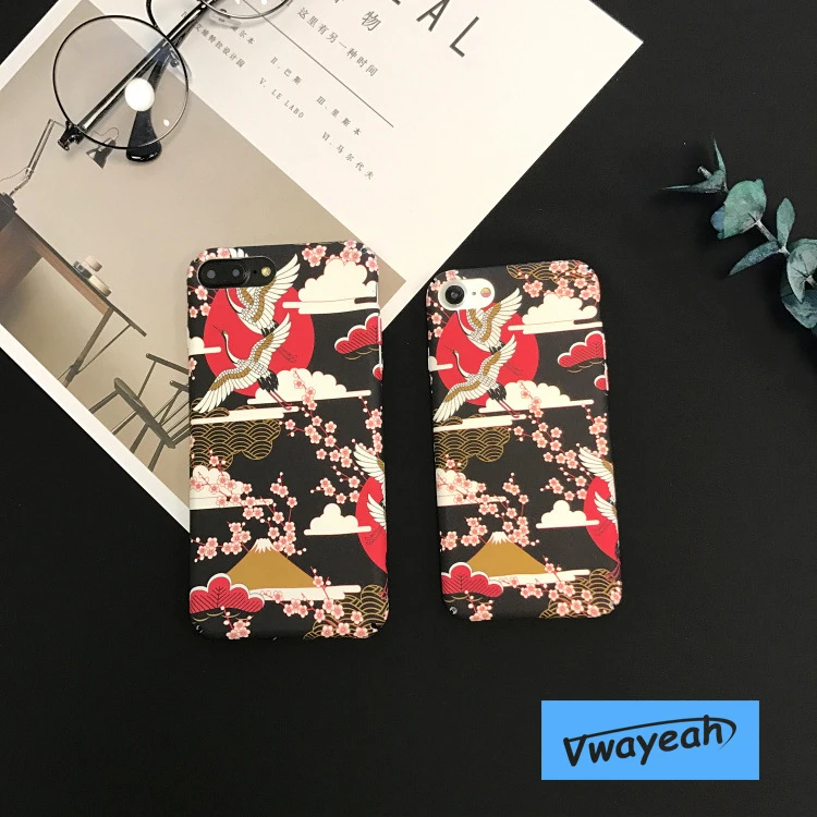 Ins Hot Japanese Style White Yellow Red-crowned Crane Pink Sakura Red Sun Rise Cloud Carton Animal Case For iPhone 6 6s 7 8 Plus | Мобильные