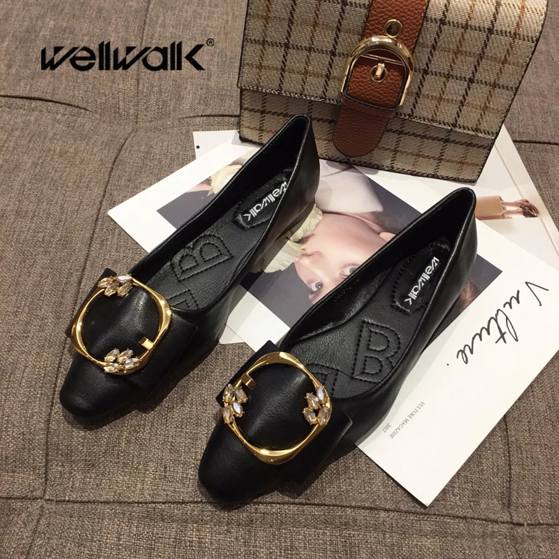 Wellwalk Metal Buckle Women Summer Flat Shoes Pointed Toe Ballerinas Ladies Ballet Flats Slip On Shallow Dress Shoes Leisure