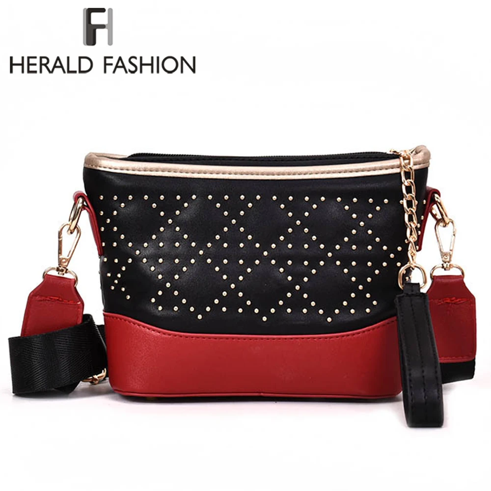 

Herald Fashion Women Chain Shoulder Bag Quality PU Leather Female Messenger Bag Panelled Flap Bags Lady's Rivets Crossbody Bags