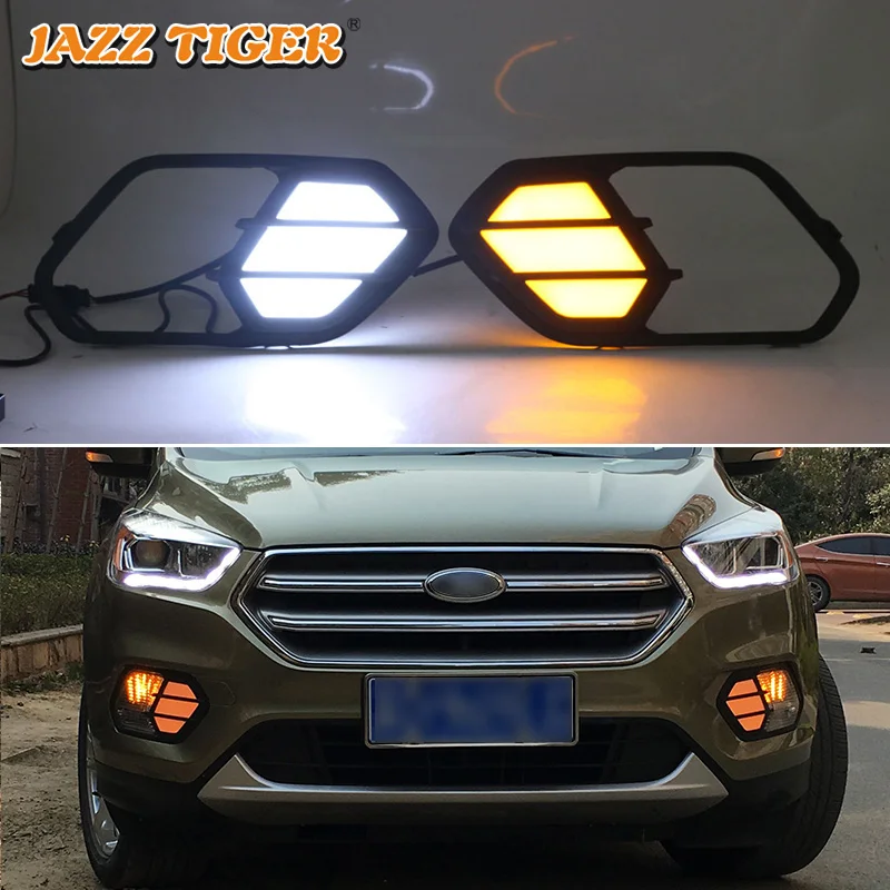 JAZZ TIGER, 2 шт., функция сигнала поворота желтого цвета, 12 В, Автомобильная DRL лампа, светодиодный светильник дневного света для Ford Escape Kuga