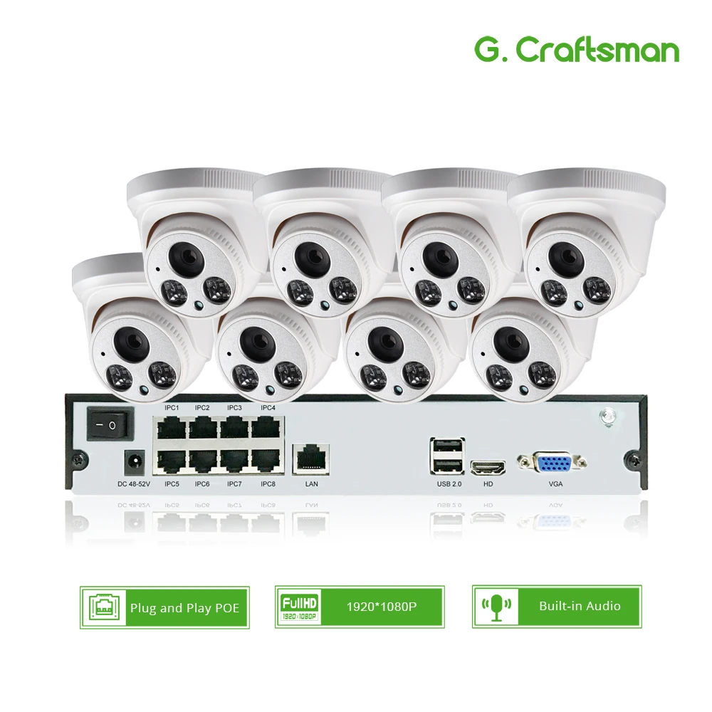 8ch 1080P POE аудио комплект H.265 система видеонаблюдения безопасности Full-HD NVR 2MP внутренняя IP камера Встроенный микрофон видеонаблюдения Видео G. Craftsman