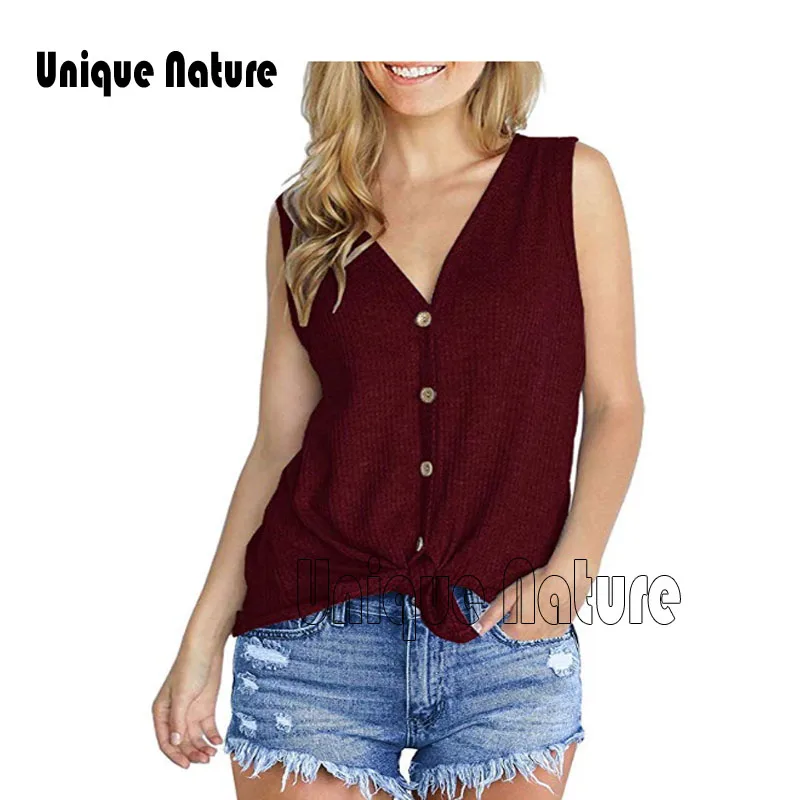 

Unique Nature Womens Summer Sexy V Neck Tank Top Streetwear Harajuku Sleeveless Button Down Knitted Tops New Arrival 2019 Shirts