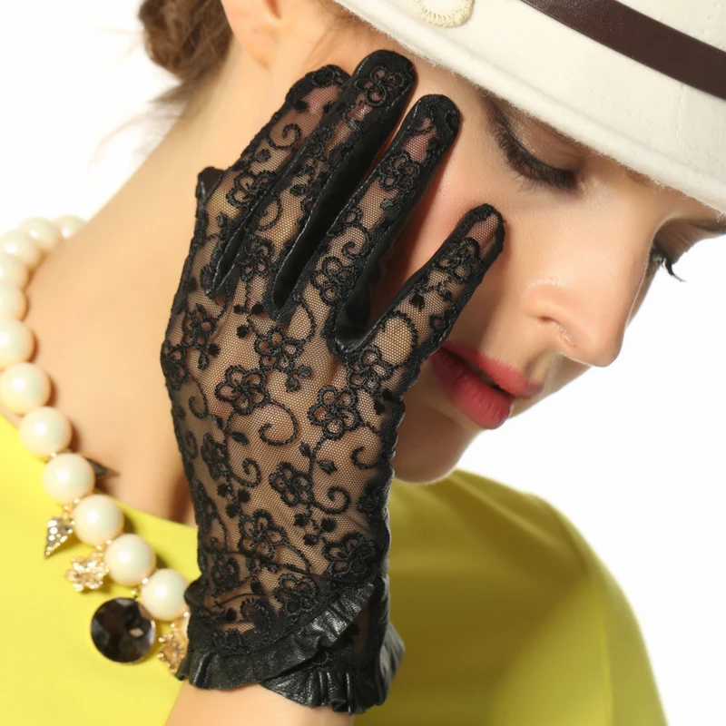 

Genuine Leather Women Gloves Female Lace Sheepskin Gloves Unlined Fashion Trend Summer Sunscreen Mittens L095N-1