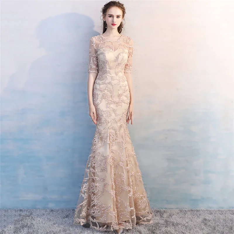

Party Dress Women Champagne Golden XS-2XL Floor-length 2019 New Spring Elegant Slim Host Fishtail Dress Vestidos Feminina LD1038