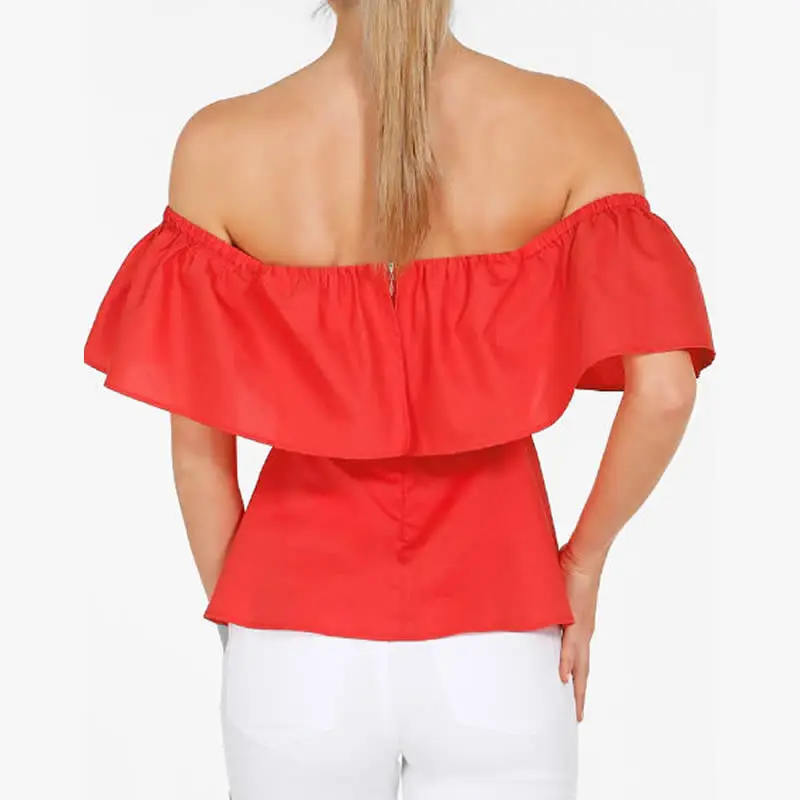 Женская блузка летняя 2017 с рюшами открытыми плечами Blusas повседневная коротким
