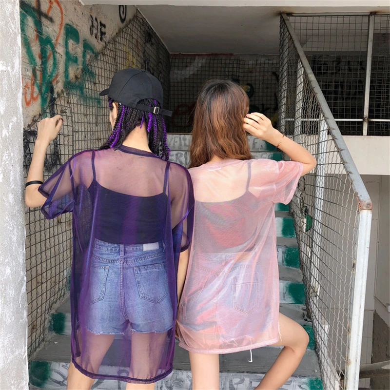 Прозрачные топы из двух частей Harajuku стильные модные женские футболки яркие