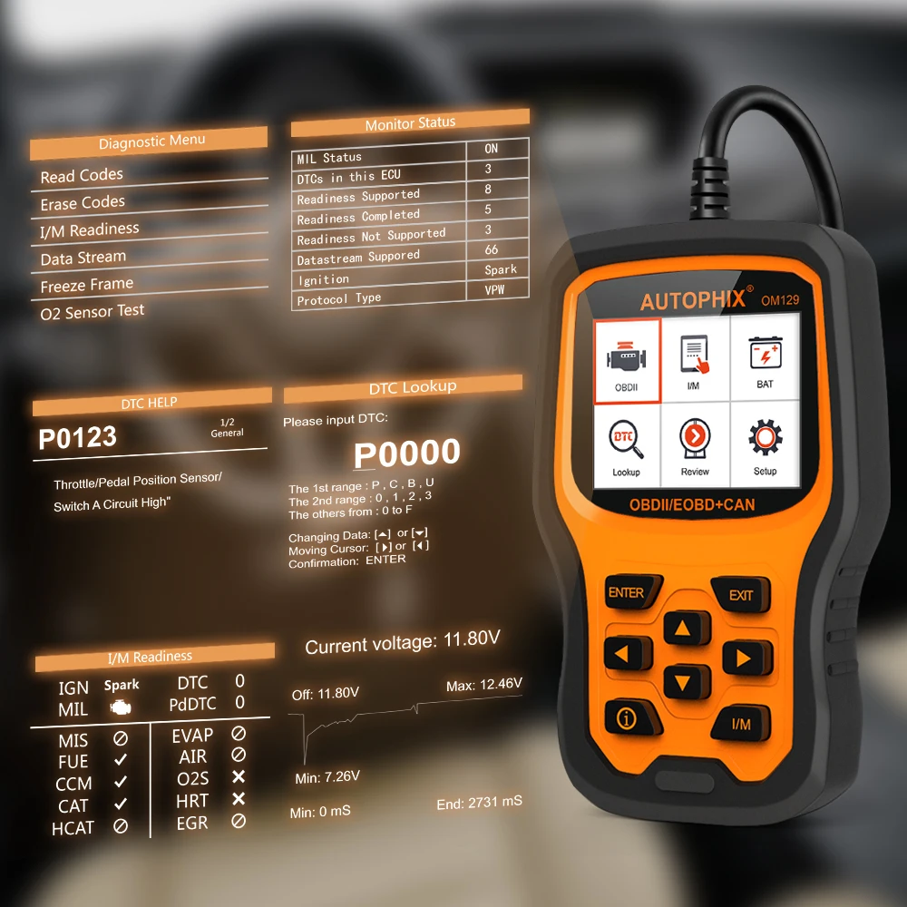 Autophix OM129 OBD2 сканер универсальный инструмент диагностики автомобильной инструменты двигатель Батарея автомобильный диагностический инструмент
