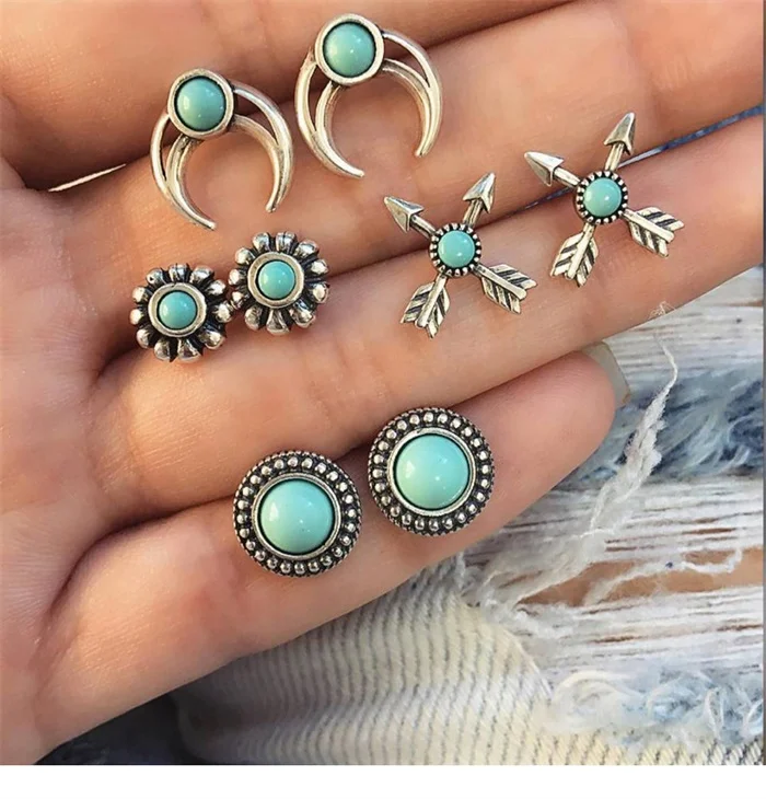 Silver 4 пар/компл. Boho стрелка крест Луны и украшением в виде цветка из серебра серьги комплект ювелирных изделий для женщин серьги-гвоздики комплект личности одежда на выход ювелирные изделия - Окраска металла: Silver
