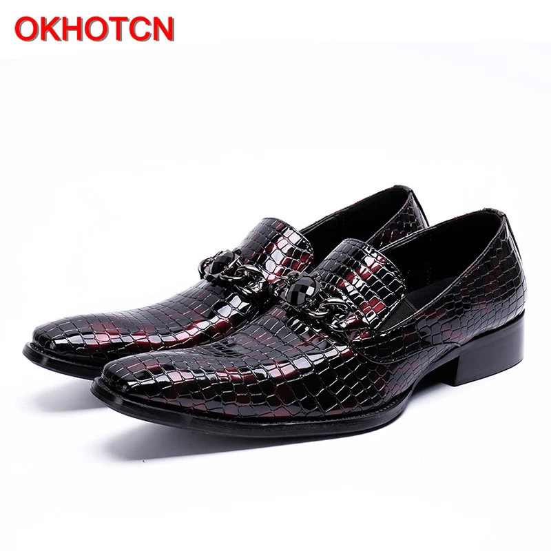 

OKHOTCN 2018 New dark red embossed leather men's business shoes the crocodile grain shoes slip-on square toe male party shoes