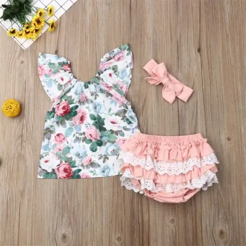Sweet Toddler Kids Baby Girl Floral Shirt Tops Headband Shorts Outfits Clothes | Мать и ребенок