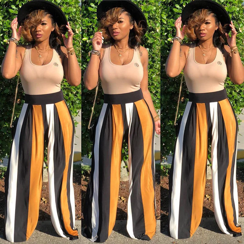 Женские свободные брюки палаццо длинные широкие в полоску с высокой талией