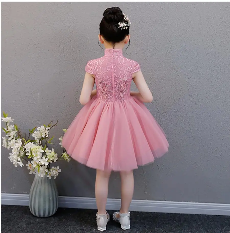 Розовое Тюлевое свадебное платье с цветочным узором и бусинами для девочек