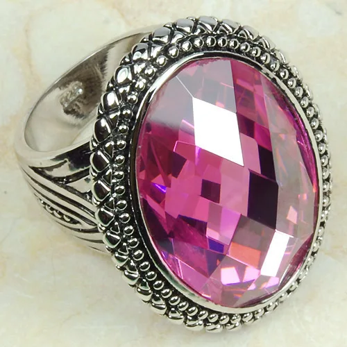 Женское кольцо с цирконом массивное розовым кристаллом размер 6 7 8 9 10 f780|925 sterling