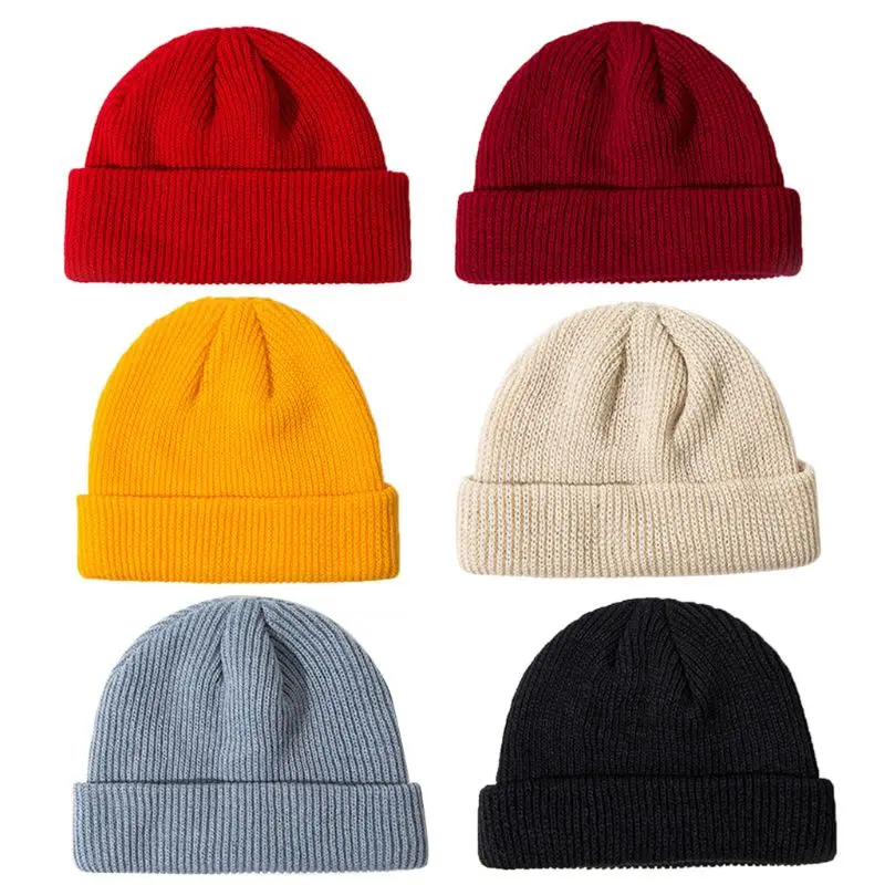 

Unisex Winter Ribbed Knitted Cuffed Short Melon Cap Solid Color Skullcap Baggy Retro Ski Fisherman Docker Beanie Hat Slouchy